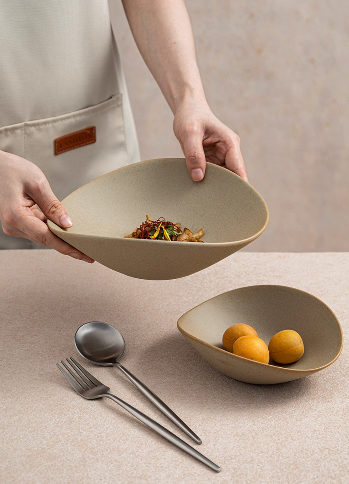 Clay Series tan deep plate with organic shape, photo 7 β Simple Palette Singapore