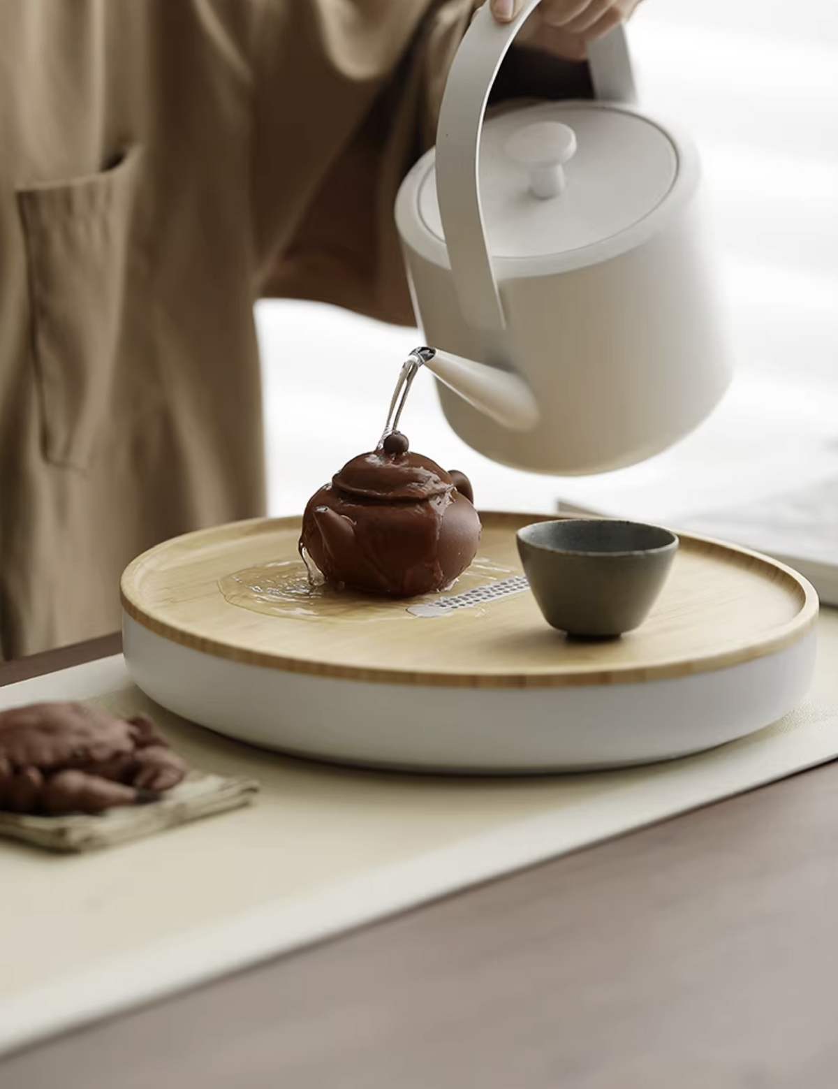 Wabi Sabi tea tray in stainless steel with bamboo top, photo 3 – Simple Palette Singapore