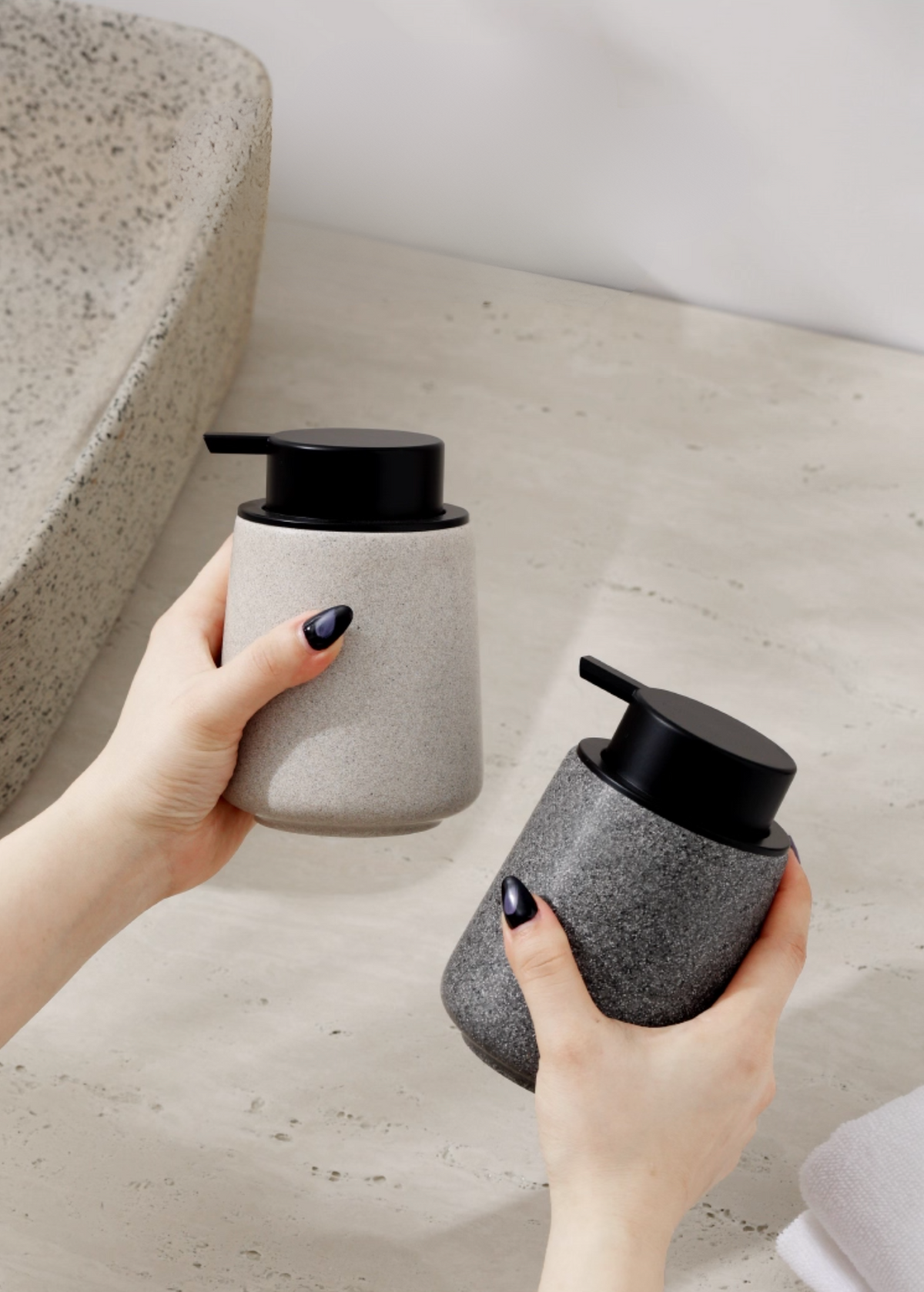 Ceramic soap dispensers with stone-inspired matte texture, photo 1 – Simple Palette Singapore