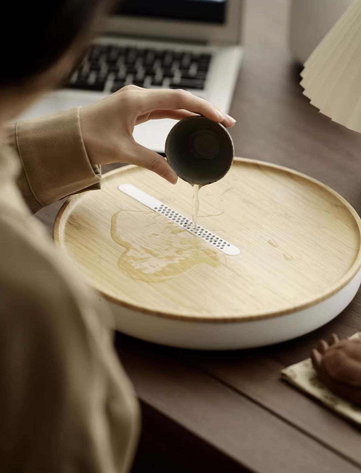 Wabi Sabi tea tray in stainless steel with bamboo top, photo 1 – Simple Palette Singapore