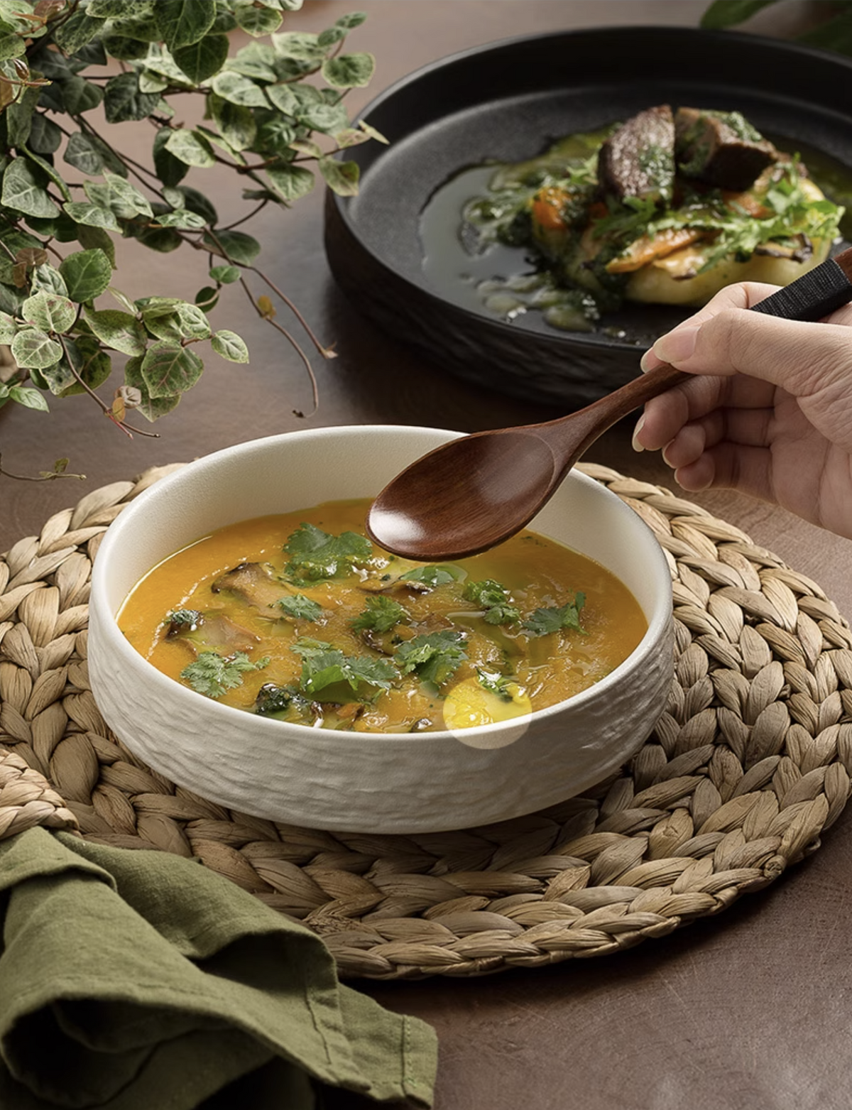Deep Plate with pumpkin soup and herbs – perfect bowl for curry, laksa, or ramen in Singapore dining