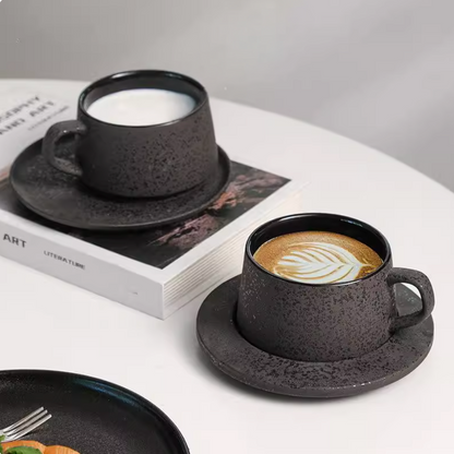 Close-up view of ceramic coffee cup rim and handle craftsmanship detail