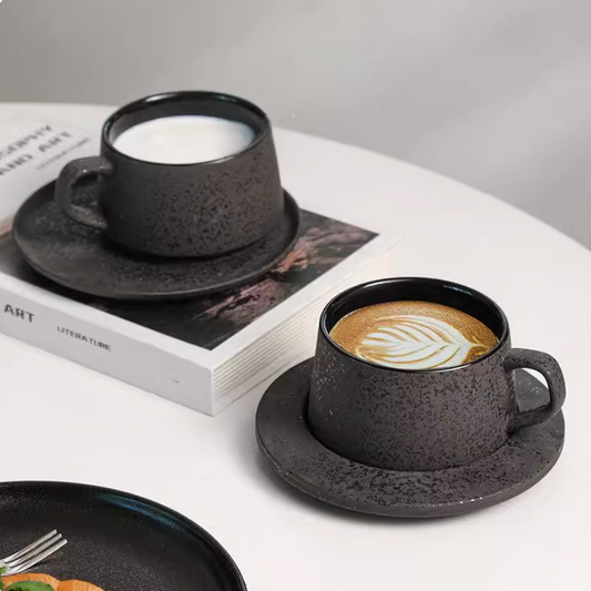 Close-up view of ceramic coffee cup rim and handle craftsmanship detail