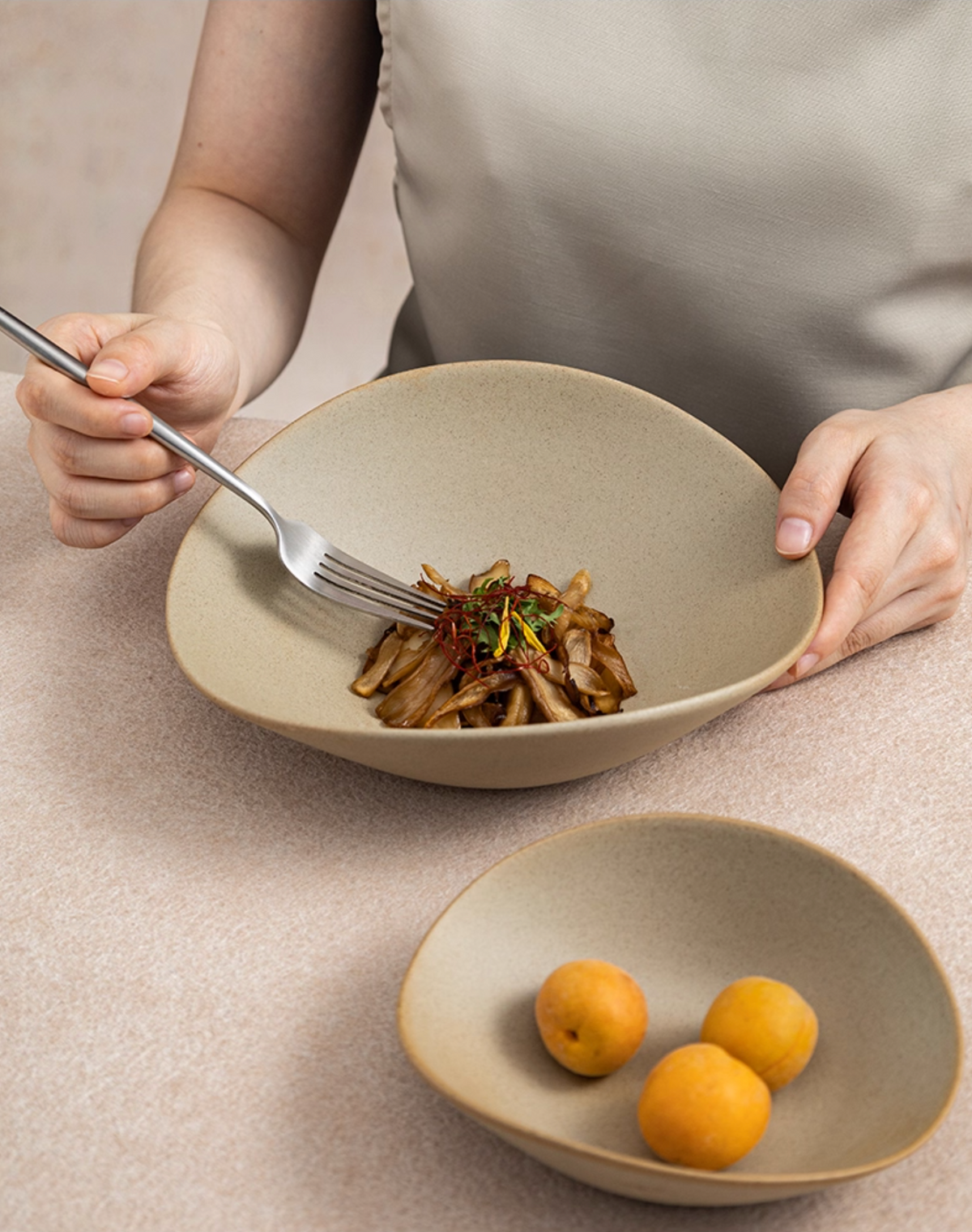 Clay Series tan deep plate with organic shape, photo 4 – Simple Palette Singapore