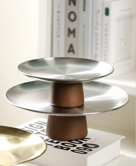 Stainless steel serving platter stand size comparison guide showing small medium large options