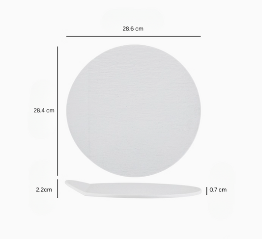 White ceramic plate with dimensions labeled on a white background