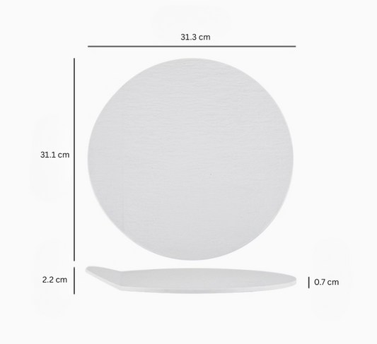 Measurement chart of a round white plate with dimensions labeled.