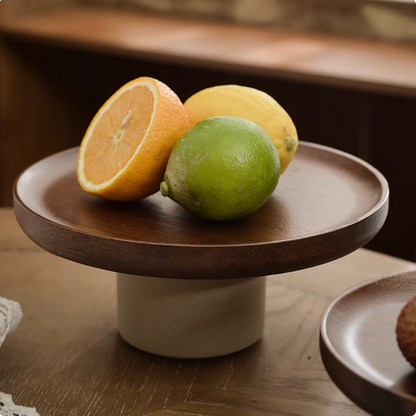 Wooden serving platter stand styled with artisanal serving plate for modern dining experience