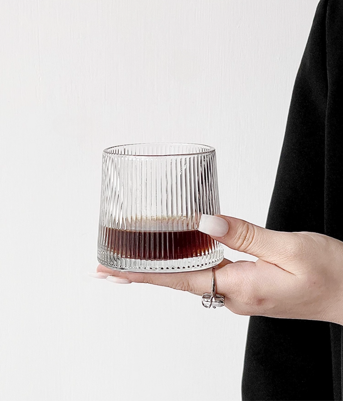 Simple Palette Ribbed Drinking Glass – Full view showcasing clean vertical ribbed lines and gently tapered silhouette.