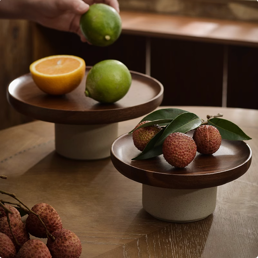 Close-up detail of natural wood grain and artisanal craftsmanship on serving platter stand