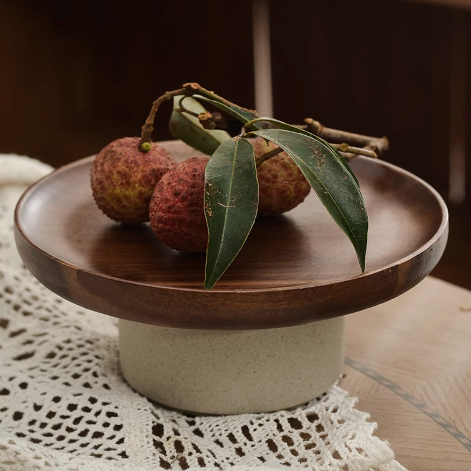 Handcrafted wooden serving platter stand made from natural wood for elegant dining presentation